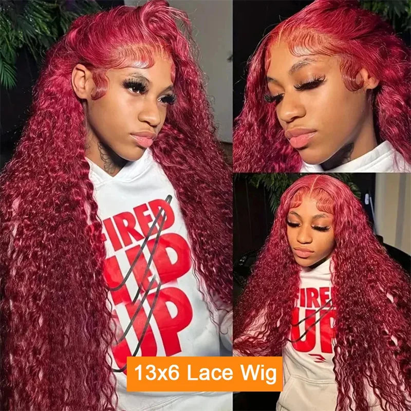 Burgundy Hd Lace Frontal Human Hair Curly Wigs